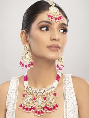 Gold Plated Pink Beaded Poki Jewellery Set with Maangtika